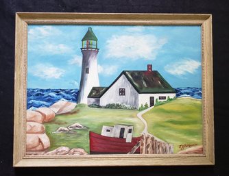 MCM 1967 Lighthouse Painting Oil On Canvas Board Framed