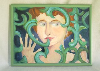 Outider Style Art 'Jolene' Oil Painting With Green Frame