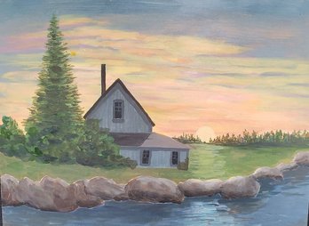 Farmhouse On A Stream Painting 16' On Board Unframed