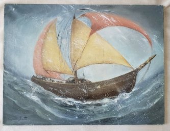 Vintage Impressionistic Oil Painting 'Under Storm Sail' Sailboat Signed V. Smith