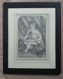 Antique Graphite Drawing Of A Young Child Reading