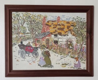 Vintage Framed Embroidery Of An English Cottage With Horse And Buggy