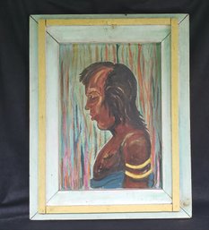 Naive Folk Art Oil Painting 'Watse Warrior' With Handmade Frame