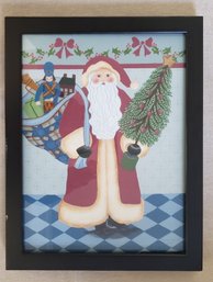 Folk Art Santa Claus Painting On Canvas Framed Under Glass