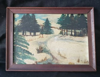 Antique Folk Art Oil Painting 'Winter Forest ' By W. Hallameyer