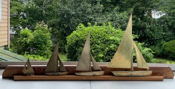 Set Of Brass Sailboat With Wood Shelf