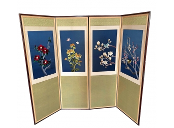 Vintage MCM 4 Panel Brilliant Silk Embroidered Folding Screen 54 In. H X 70 In Width