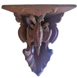 Exceptional Antique Victorian Carved Gamebirds Black Forest Walnut Corner Shelf Pediment