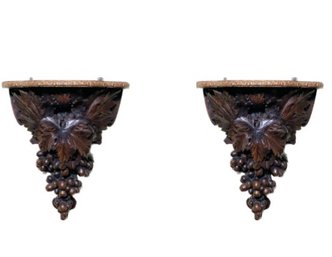 Pair Of Hand Carved Leaf Motif Wall Shelf