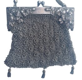 Antique Circa 1880s German Silver Art Deco Knit Mesh Chain Evening Bag Purse