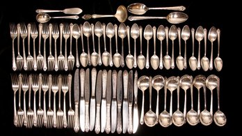 LARGE HOLMES & EDWARD INLAY SILVER PLATED SET FOR 12  ANTIQUE FLATWARE / CUTLERY