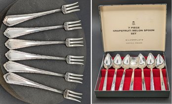 Silver Plated Cocktail Forks, Grapefruit Spoons And Melon Scoop