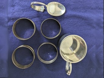 4 Sterling Napkin Rings And Baby Spoon And Cup