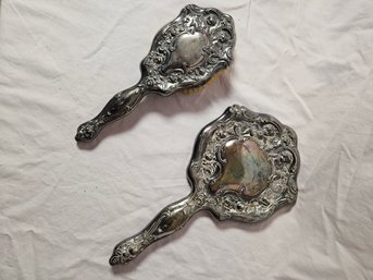 Silver Plate Hand Held Mirror And Brush