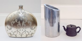Decorative Silver Ceramic Vase With Beautiful Leaf Pattern, Wine Chiller And Vintage Style Teapot