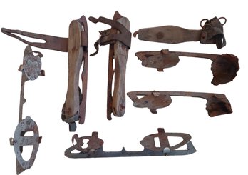 Group Of Antique Victorian Ice Skates Including Wooden Skates