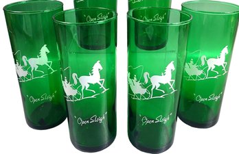 Set Of 4 Vintage Anchor Hocking Emerald Green 'Open Sleigh' Highball Drinking Glasses