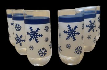 Set Of 6 Vintage Mid Century Blue Snowflake 6' Frosted Drinking Glasses