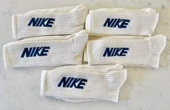 5 Pair- New Without Tags Vtg 80s Nike Slant Block Socks White With Blue Lettering Deadstock Made In USA Rare