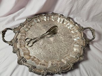 Beautiful Silver Plate Serving Tray With Italian Made Serving Utensil