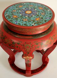Vintage Chinese Cloisonne Enamel Inset Tianqi & Red Laquer Stool