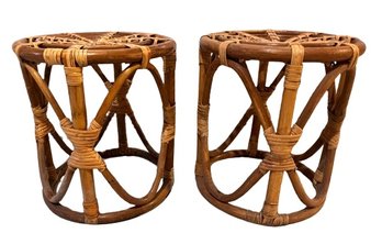 Vintage 1970's Stools Or Side Tables In Rattan With Bamboo Vintage Deco