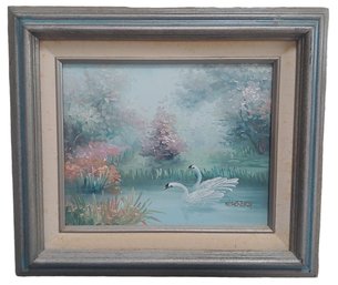 Signed Wilberg Vintage Swans On Lake Oil Painting