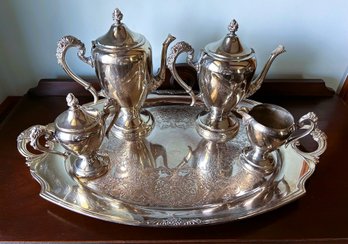 VTG Silver Plate 5 Piece Set Coffee-Tee Service Set Pieces Are Silver Over Copper 25' Tray Is Rogers Brothers