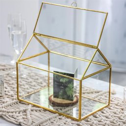 New! Large Size Glass House Shaped Terrarium With Gold Trim, Wedding Card Box
