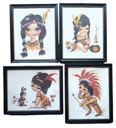 Set Of 4 Vintage Framed Big Eyed Indian Girl Prints Signed Thayer