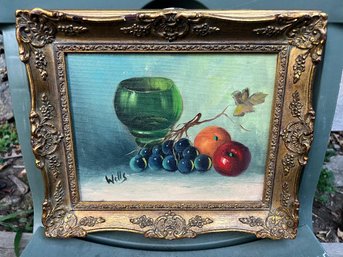 Fantastic Vintage Oil On Canvas By Wells Still Life - Fruit And Green Glass Bowl - Very Pretty Little Piece