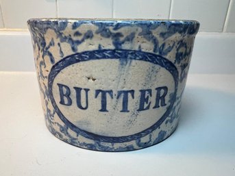 RARE Antique Blue & White / Spongeware Stoneware Butter Crock - They Sell $300-$500 - VERY Hard To Find