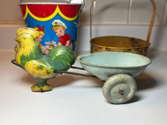Three Vintage Lithographed Tin Kids Toys - 1940s-1950s - Beach / Sand Pail - Easter Bunny & Tin Flower Basket