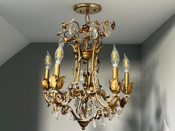 Very Pretty Vintage Tole Chandelier - Very Nice Soft Worn Gold Finish - Lovely Vintage Light Fixture (1 Of 2)