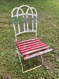 Vintage Antique French Bistro Chair - Wrought Iron Frame With Wooden Slats - Nice Old Paint