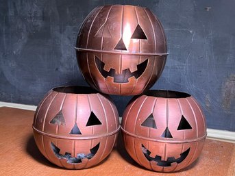 Three Interesting Copper / Copper Finish Jack O Lanterns - Very Well Made - Very Good Weight / Feel