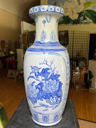 (1 Of 2) Lovely Tall Blue & White Porcelain Asian Style Vase - Hand Painted - Very Nice Vase