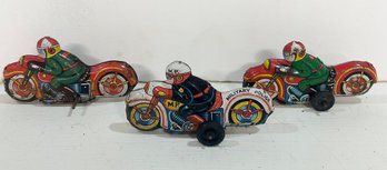 #107 - Lot Of 3 Vintage Tin Litho Motorcycle Toys Military Police & Others Japan