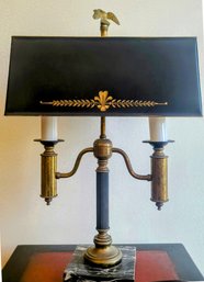 Vintage Black And Gold Tole Bouillote Two Light Brass Lamp On Marble Base, Eagle Finial - Very Special!