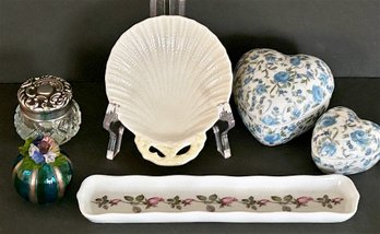 Vanity Decorative Items: Rochard Limoges, Beleek Neptune Dish, Blown Glass Bauble, Takahashi Heart Boxes