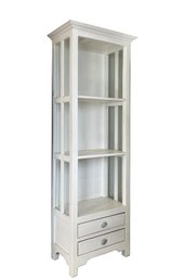 Column Tower Shelf With Glass Side Panes And 2 Bottom Storage Drawers