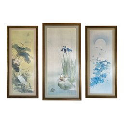 Trio Of Framed And Matted Behind Gallery Glass Asian Prints Of Silk Originals