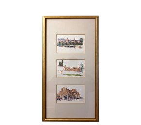 Trio Of Italian Original Watercolors Triple Matted And Framed Behind Glass - Artist Signed