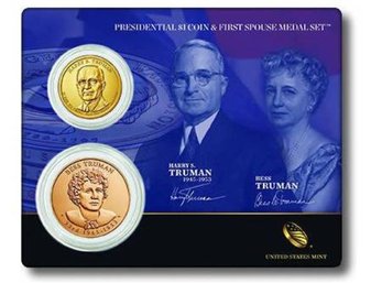 U S Government Harry S. Truman Presidential Golden Dollar $1 Coin And First Spouse Medal Set