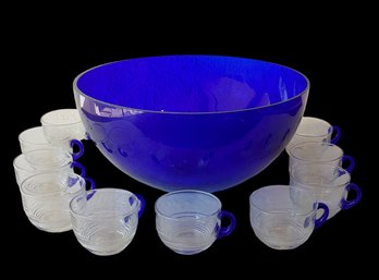 Vintage Cobalt Blue Glass Punch Bowl Set