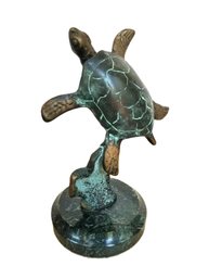Vintage South Pacific International Bronze Sea Turtle With Marble Base