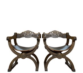 Pair - Savonarola Saddle Leather Oak Carved Neoclassical Renaissance Curule Throne Chairs