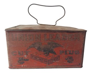 Antique UNION LEADER CUT PLUG Handled Smoking Chewing TOBACCO TIN