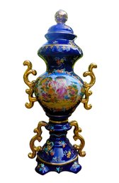 Hand Painted Chinese Cobalt Blue & Gilt Handled Covered Urn