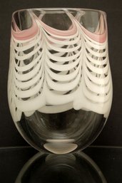 Pink & White Hand Blown & Signed Oval Vase